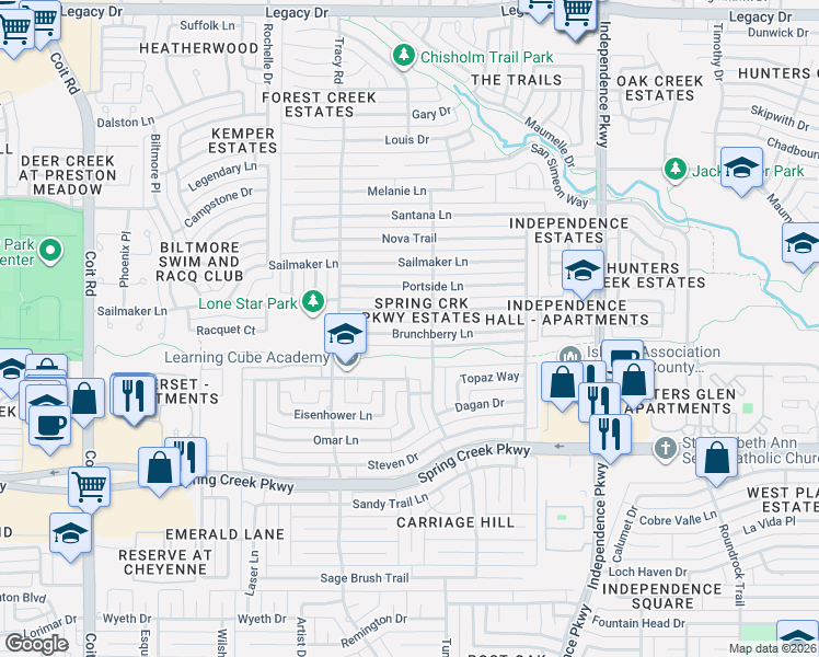 map of restaurants, bars, coffee shops, grocery stores, and more near 3305 Brunchberry Lane in Plano