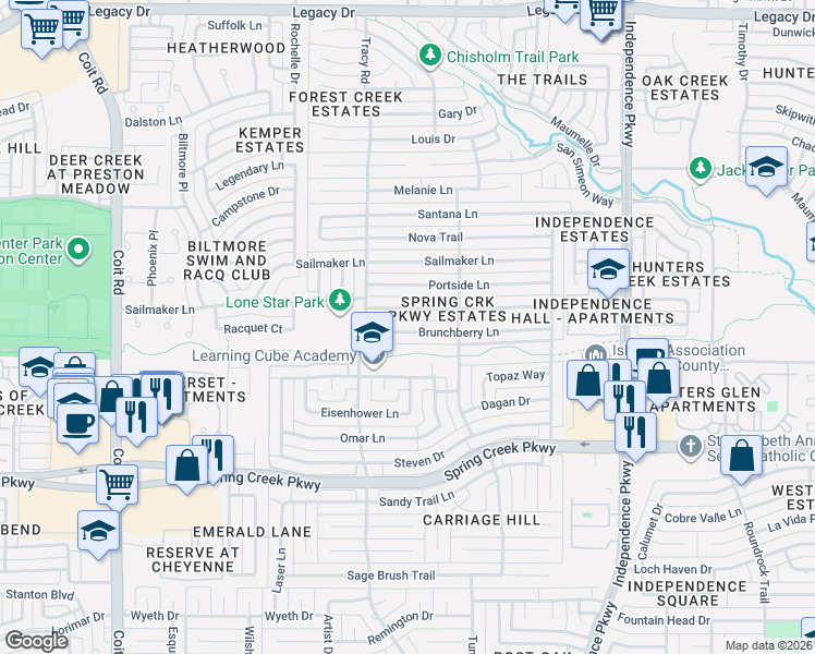 map of restaurants, bars, coffee shops, grocery stores, and more near 3400 Anchor Drive in Plano