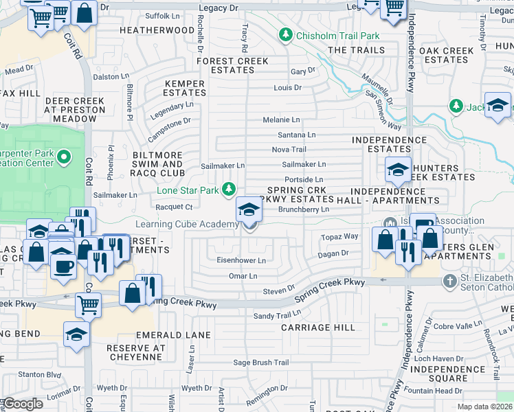 map of restaurants, bars, coffee shops, grocery stores, and more near 3425 Brunchberry Lane in Plano