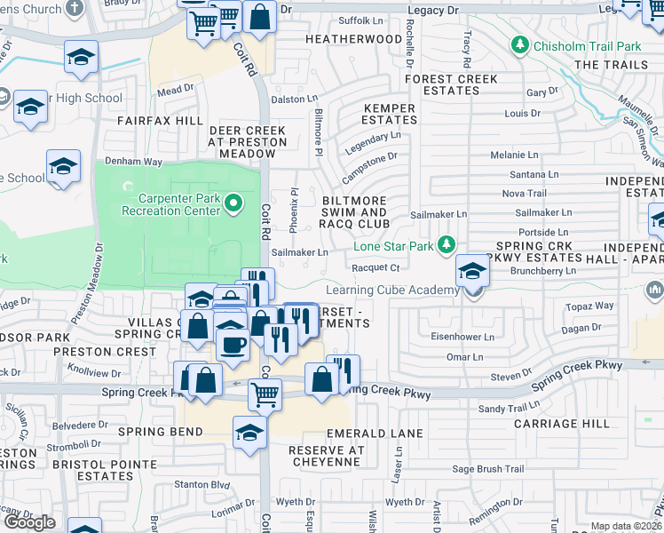 map of restaurants, bars, coffee shops, grocery stores, and more near 3721 Racquet Court in Plano
