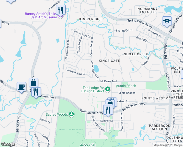 map of restaurants, bars, coffee shops, grocery stores, and more near 6413 Stillwater Lane in Plano