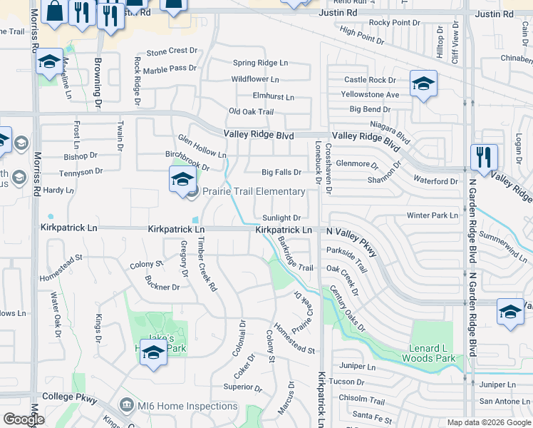 map of restaurants, bars, coffee shops, grocery stores, and more near 5608 Suncreek Path in Flower Mound