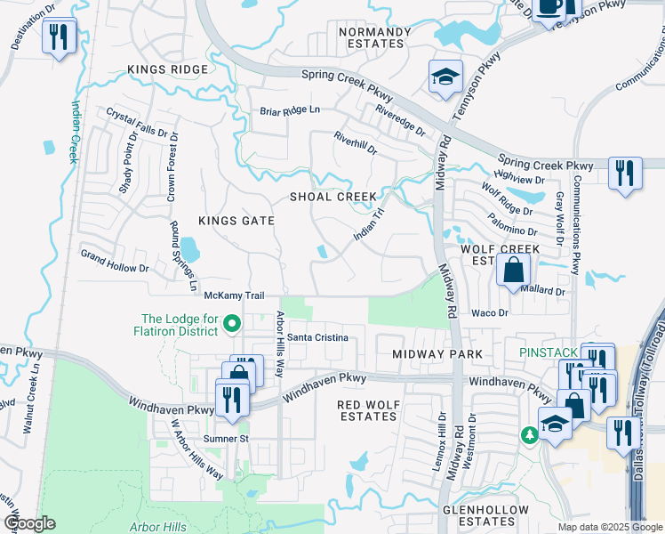 map of restaurants, bars, coffee shops, grocery stores, and more near 6408 Indian Trail in Plano