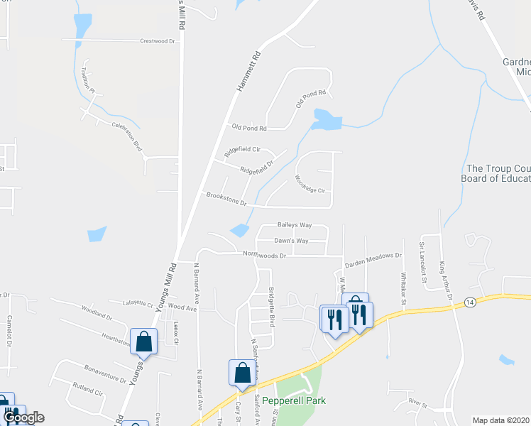 map of restaurants, bars, coffee shops, grocery stores, and more near 324 Brookstone Drive in LaGrange