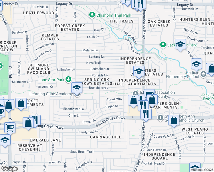 map of restaurants, bars, coffee shops, grocery stores, and more near 3241 Brunchberry Lane in Plano