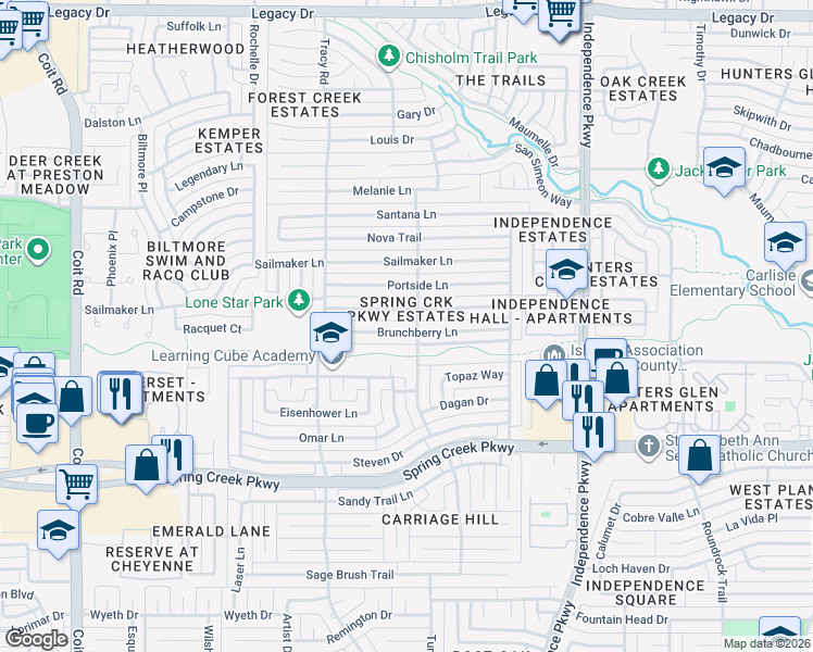 map of restaurants, bars, coffee shops, grocery stores, and more near 3305 Brunchberry Lane in Plano