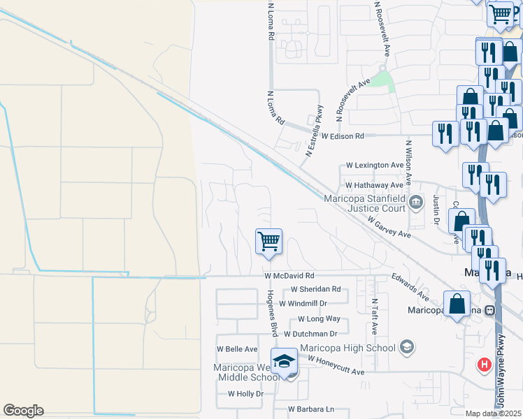 map of restaurants, bars, coffee shops, grocery stores, and more near 19998 Loma Road in Maricopa
