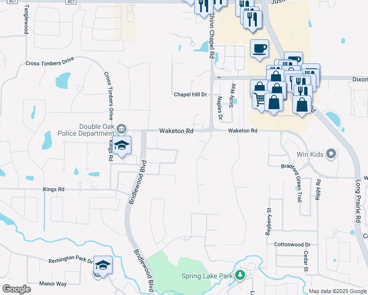 map of restaurants, bars, coffee shops, grocery stores, and more near 3801 Fairfax Way in Flower Mound