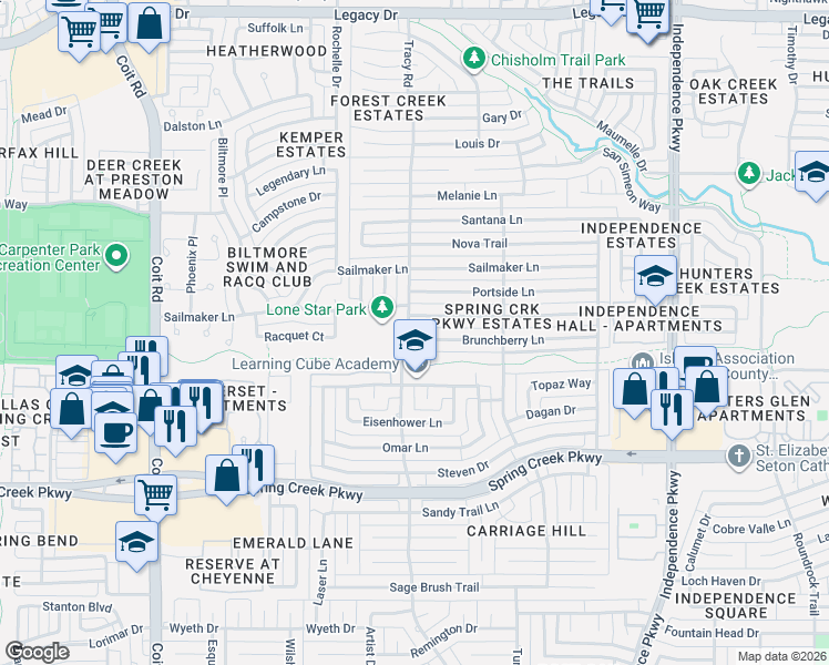 map of restaurants, bars, coffee shops, grocery stores, and more near 3425 Brunchberry Lane in Plano
