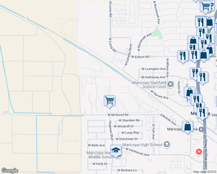 map of restaurants, bars, coffee shops, grocery stores, and more near 19998 Loma Road in Maricopa