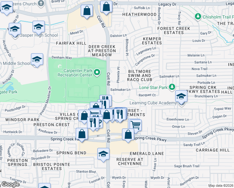 map of restaurants, bars, coffee shops, grocery stores, and more near 6520 Castille Court in Plano