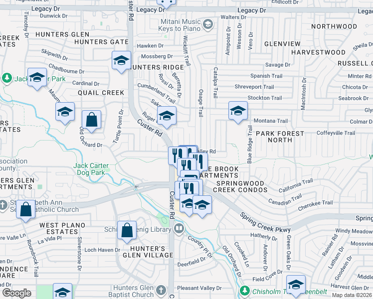 map of restaurants, bars, coffee shops, grocery stores, and more near 6501 Butterfield Court in Plano