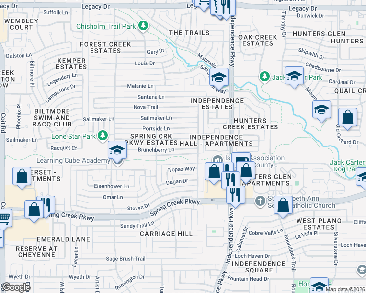 map of restaurants, bars, coffee shops, grocery stores, and more near 3221 Brunchberry Lane in Plano