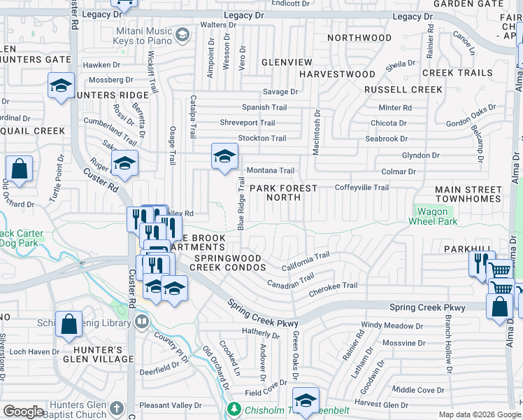 map of restaurants, bars, coffee shops, grocery stores, and more near 6513 Ember Court in Plano