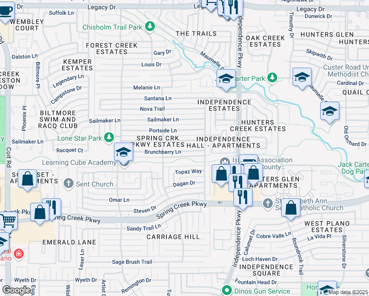 map of restaurants, bars, coffee shops, grocery stores, and more near 3217 Brunchberry Lane in Plano