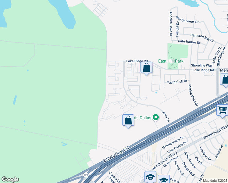 map of restaurants, bars, coffee shops, grocery stores, and more near East Hill Park Road in Lewisville