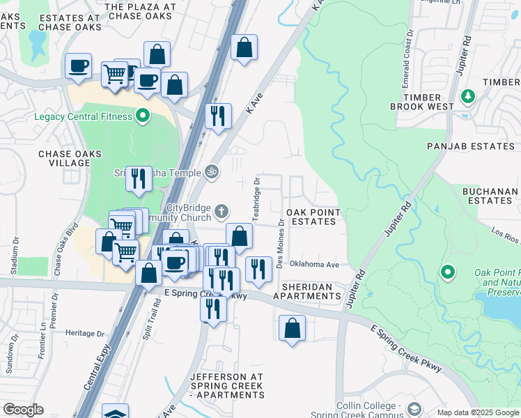 map of restaurants, bars, coffee shops, grocery stores, and more near 6417 Teabridge Drive in Plano