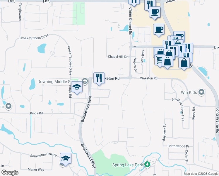 map of restaurants, bars, coffee shops, grocery stores, and more near 3801 Fairfax Way in Flower Mound