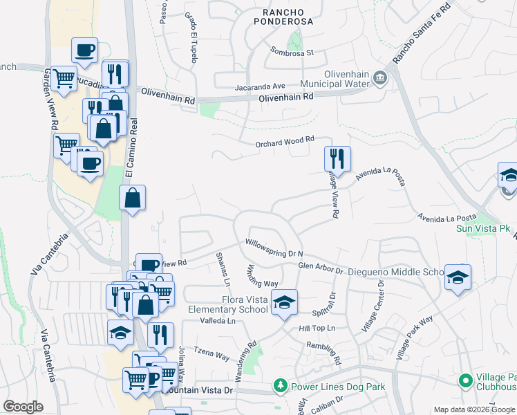 map of restaurants, bars, coffee shops, grocery stores, and more near 2063 Wandering Road in Encinitas
