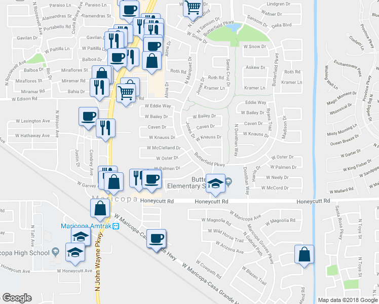 map of restaurants, bars, coffee shops, grocery stores, and more near 19993 Emmerson Drive in Maricopa