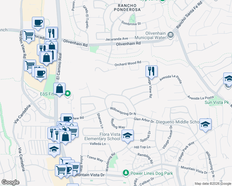 map of restaurants, bars, coffee shops, grocery stores, and more near 2087 Wandering Road in Encinitas