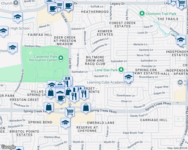 map of restaurants, bars, coffee shops, grocery stores, and more near 3721 Racquet Court in Plano
