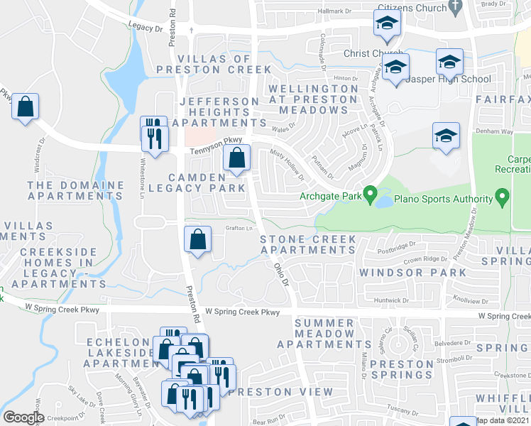 map of restaurants, bars, coffee shops, grocery stores, and more near 4688 Parnell Lane in Plano