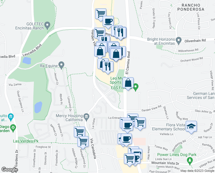 map of restaurants, bars, coffee shops, grocery stores, and more near 1055 Cottage Way in Encinitas