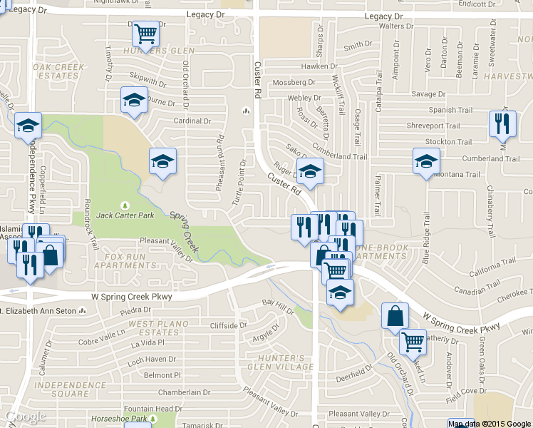 map of restaurants, bars, coffee shops, grocery stores, and more near 6500 Elkhurst Drive in Plano