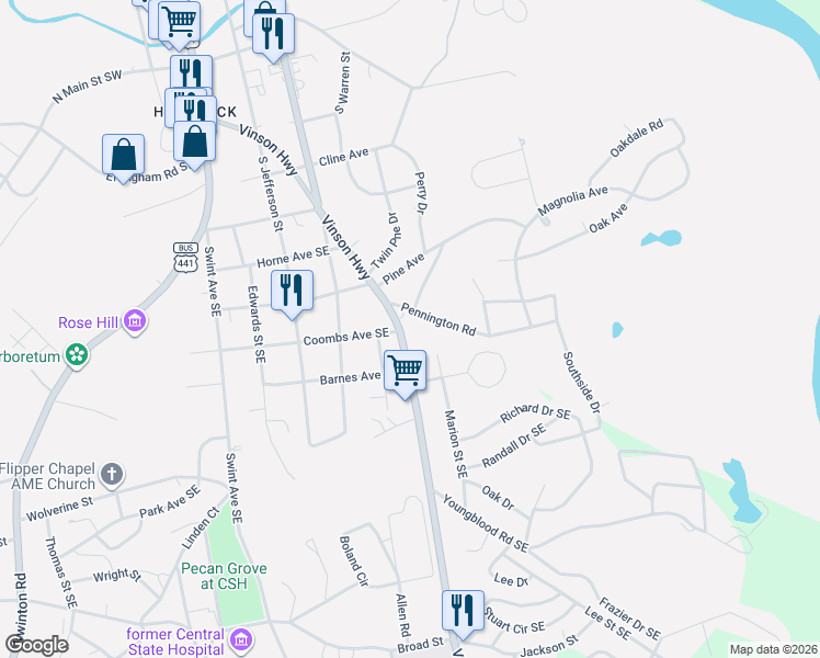 map of restaurants, bars, coffee shops, grocery stores, and more near 1620 Vinson Highway in Milledgeville