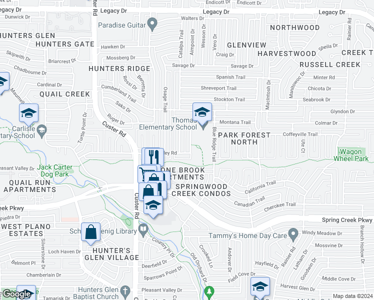 map of restaurants, bars, coffee shops, grocery stores, and more near 6501 Santa Fe Trail in Plano