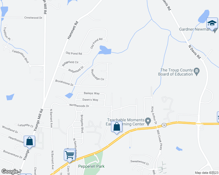 map of restaurants, bars, coffee shops, grocery stores, and more near 452 Brookstone Drive in LaGrange