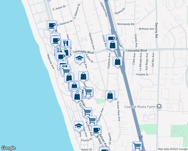 map of restaurants, bars, coffee shops, grocery stores, and more near 579 Hygeia Avenue in Encinitas