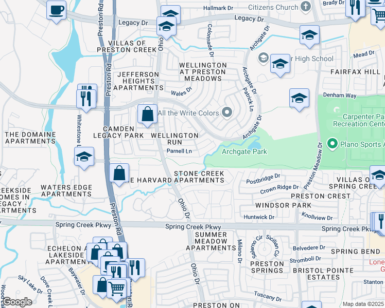 map of restaurants, bars, coffee shops, grocery stores, and more near 4644 Parnell Lane in Plano