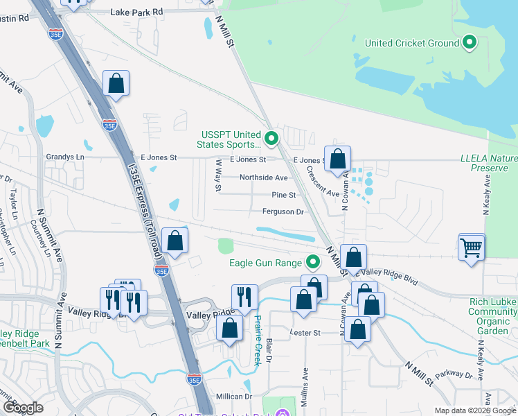 map of restaurants, bars, coffee shops, grocery stores, and more near 575 Ferguson Drive in Lewisville