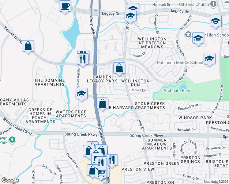 map of restaurants, bars, coffee shops, grocery stores, and more near 4816 Parnell Lane in Plano