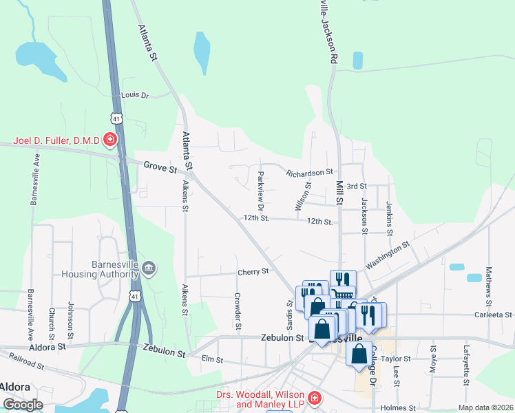 map of restaurants, bars, coffee shops, grocery stores, and more near 106 Parkview Drive in Barnesville