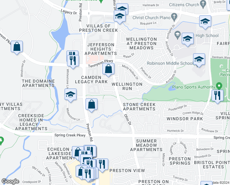 map of restaurants, bars, coffee shops, grocery stores, and more near 4700 Parnell Lane in Plano
