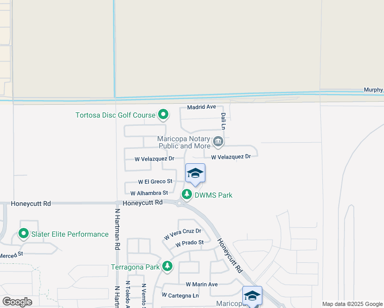map of restaurants, bars, coffee shops, grocery stores, and more near 36126 West Velazquez Drive in Maricopa