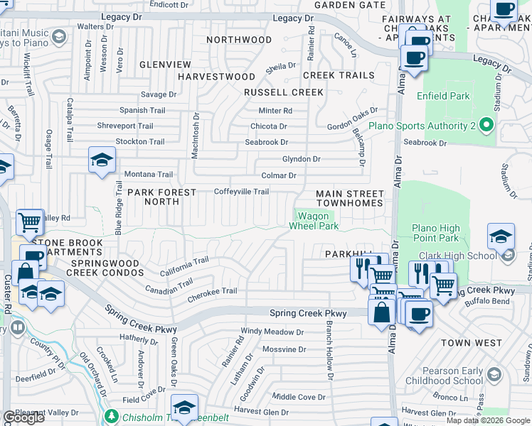 map of restaurants, bars, coffee shops, grocery stores, and more near 6508 Crockett Court in Plano