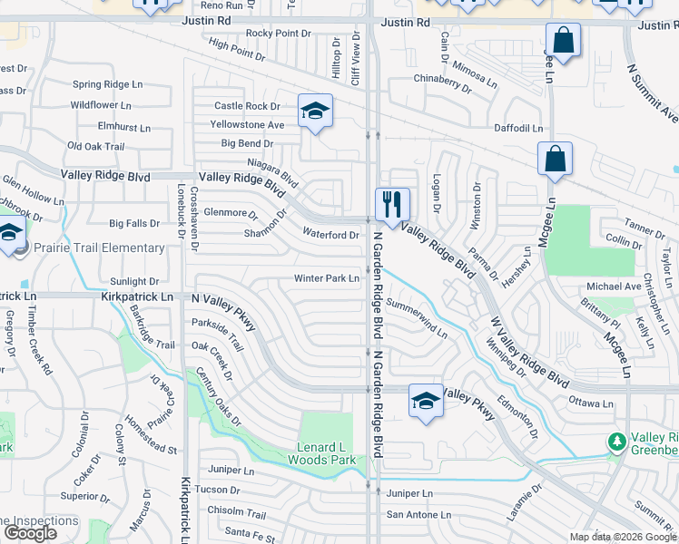 map of restaurants, bars, coffee shops, grocery stores, and more near 1509 Winter Park Lane in Lewisville