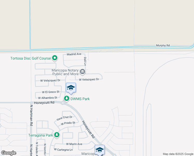 map of restaurants, bars, coffee shops, grocery stores, and more near 35664 West Velazquez Drive in Maricopa