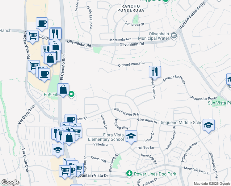 map of restaurants, bars, coffee shops, grocery stores, and more near 2087 Wandering Road in Encinitas