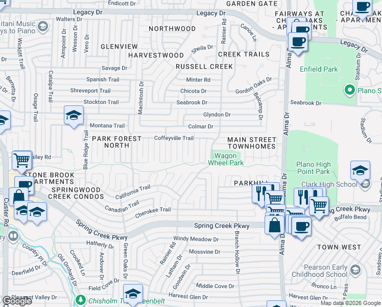 map of restaurants, bars, coffee shops, grocery stores, and more near 6508 Crockett Court in Plano