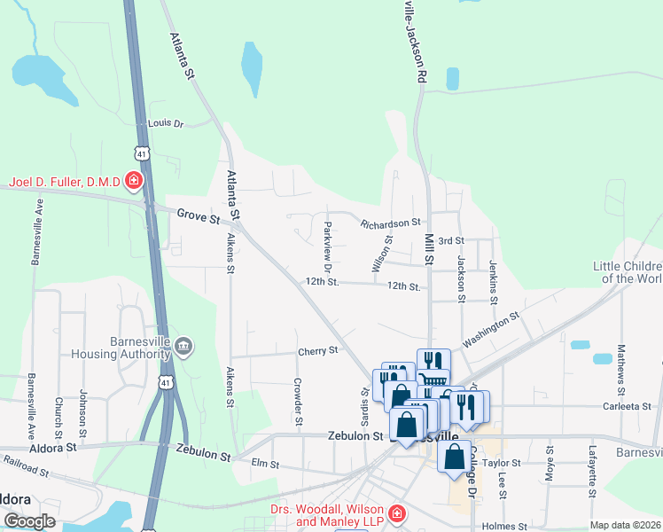 map of restaurants, bars, coffee shops, grocery stores, and more near 106 Parkview Drive in Barnesville
