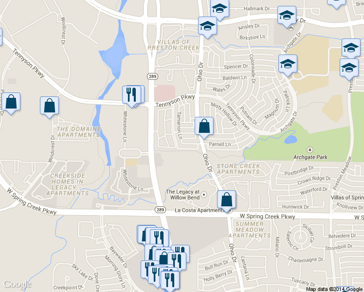 map of restaurants, bars, coffee shops, grocery stores, and more near 4816 Parnell Lane in Plano