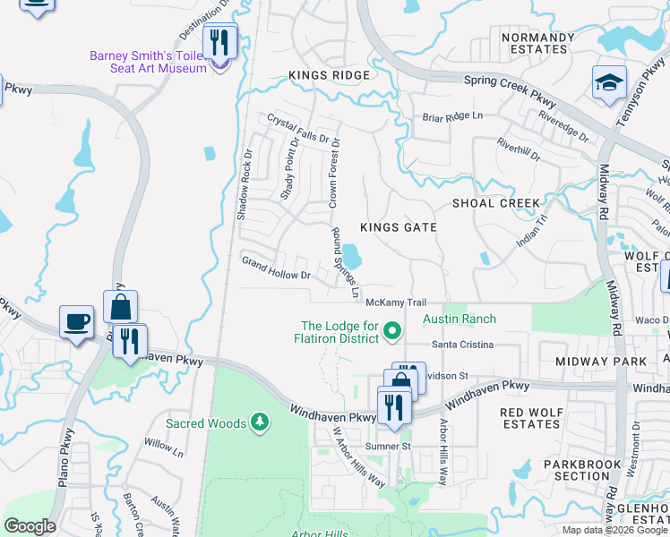 map of restaurants, bars, coffee shops, grocery stores, and more near 6413 Stillwater Lane in Plano