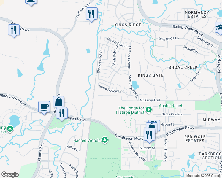 map of restaurants, bars, coffee shops, grocery stores, and more near 6400 Village Springs Drive in Plano
