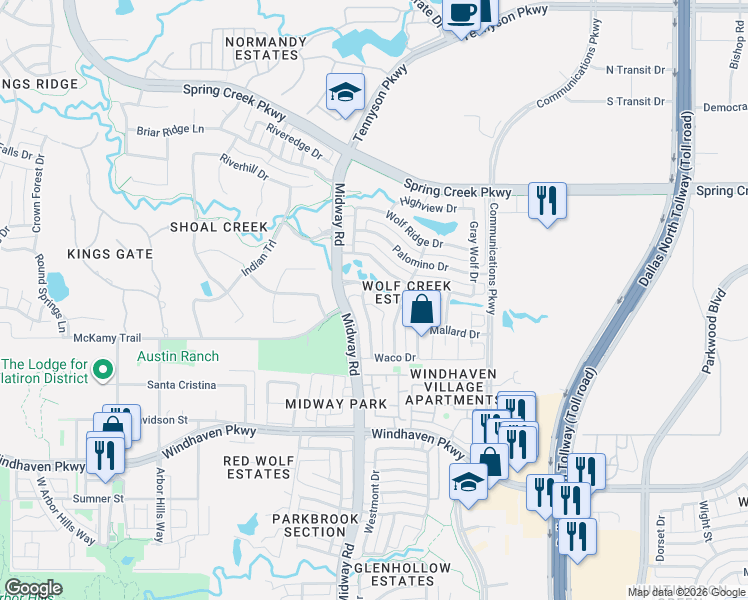 map of restaurants, bars, coffee shops, grocery stores, and more near 6425 Dakota Drive in Plano