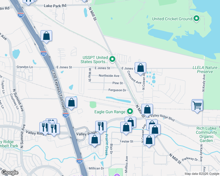 map of restaurants, bars, coffee shops, grocery stores, and more near 575 Ferguson Drive in Lewisville